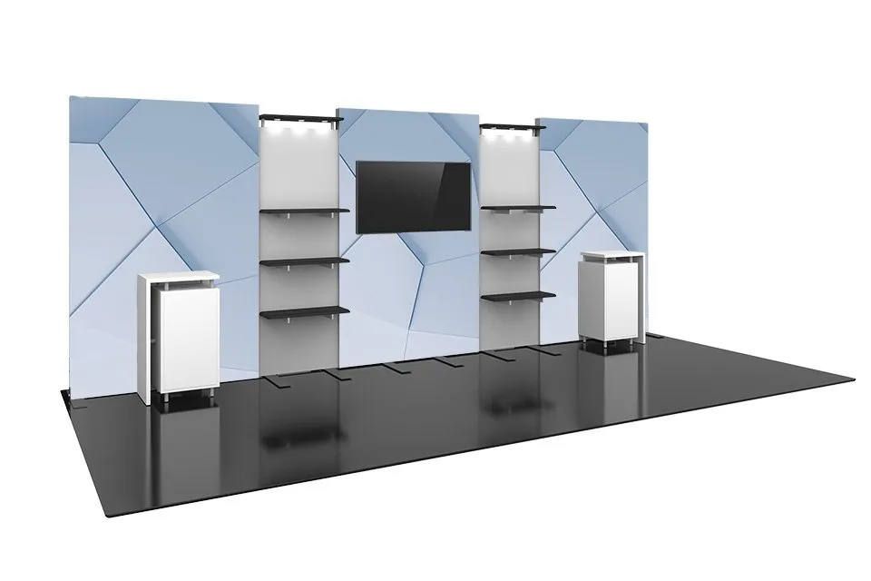 A 3d rendering of a booth with shelves and a flat screen tv.