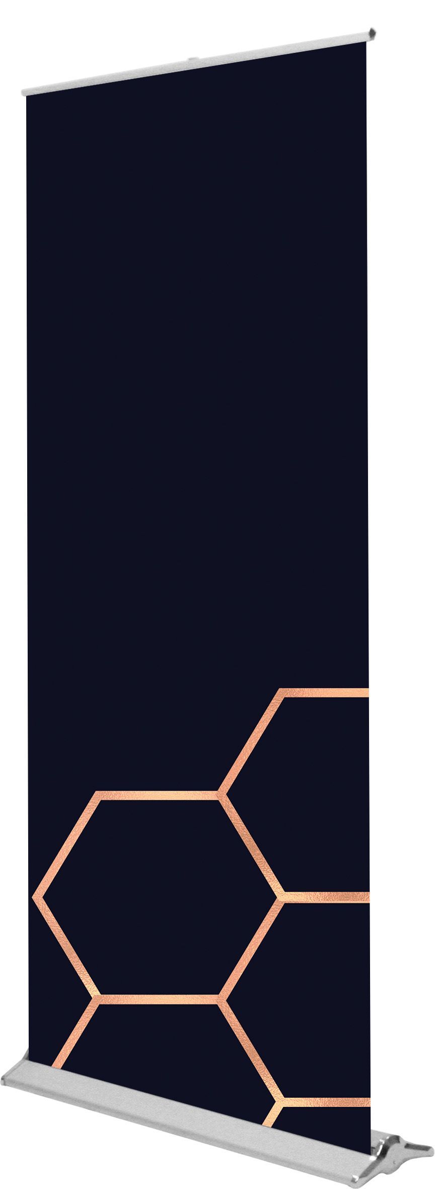 A roll up banner with a honeycomb pattern on it.