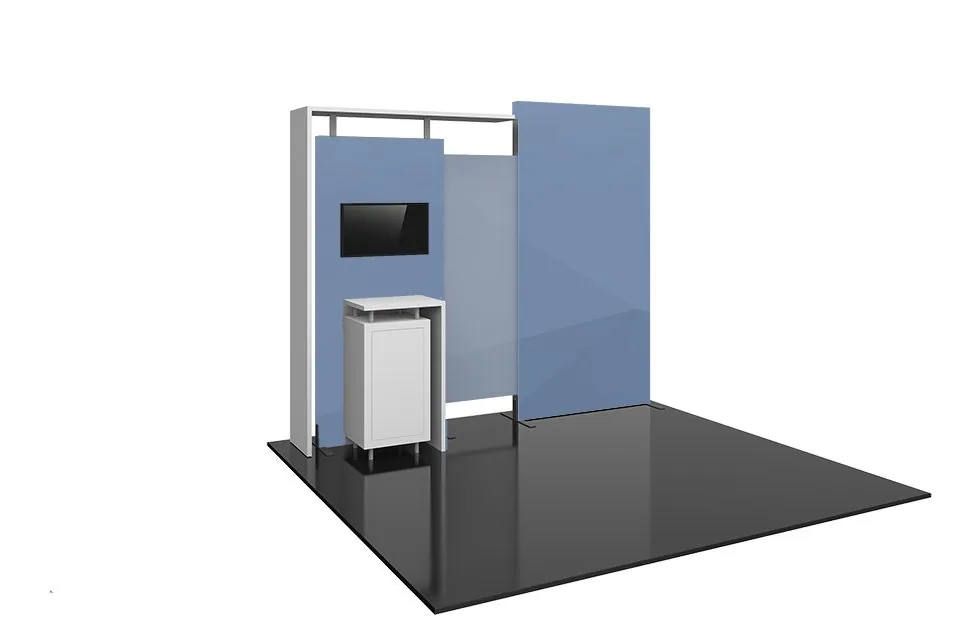A 10x10 trade show booth with slatwall and closet.