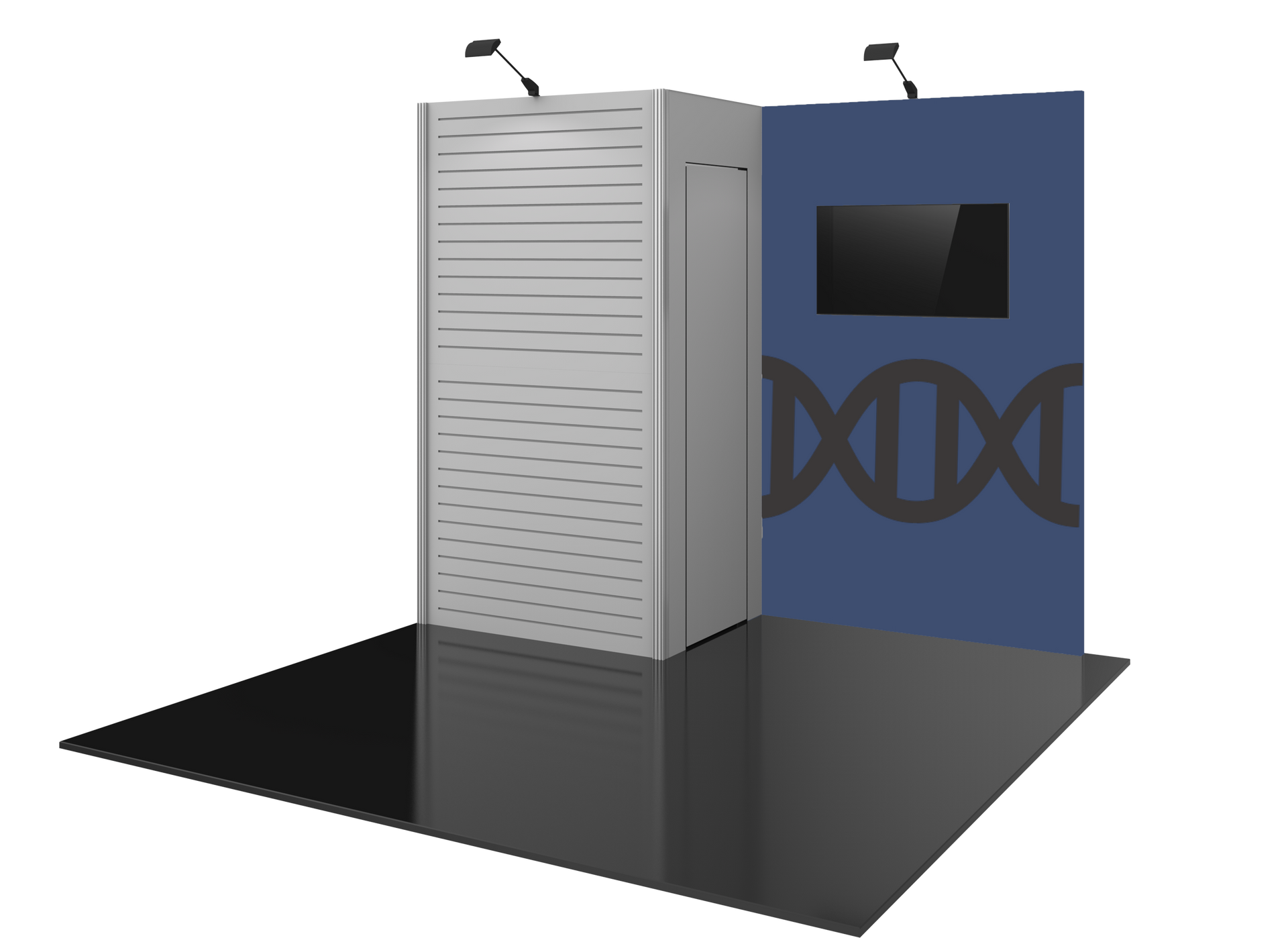A 10x10 trade show booth with slatwall and closet.