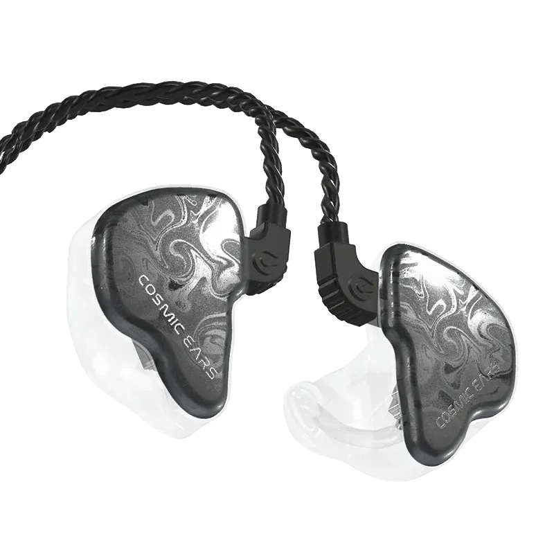Cosmic Ears in-ear monitors with black marbled faceplates, clear translucent shells, and a braided black cable.