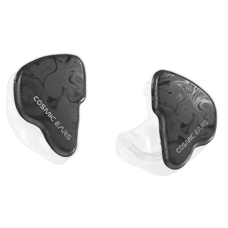 A pair of custom-molded in-ear monitors with swirling black and gray faceplates bearing the Cosmic Ears logo.