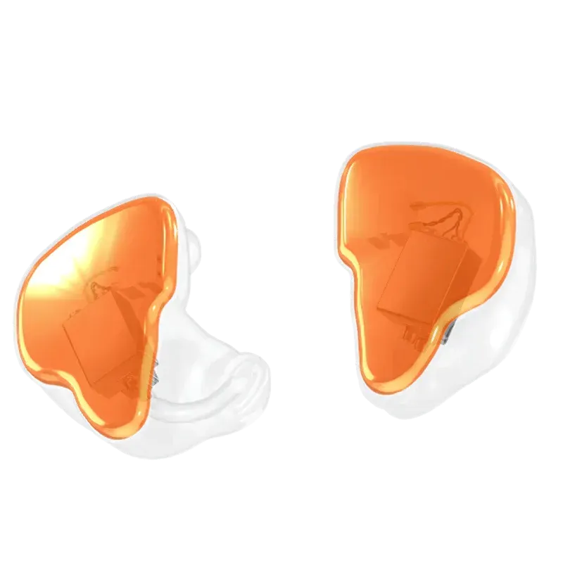 A pair of custom-molded in-ear monitors with transparent white shells and orange faceplates showing internal components.