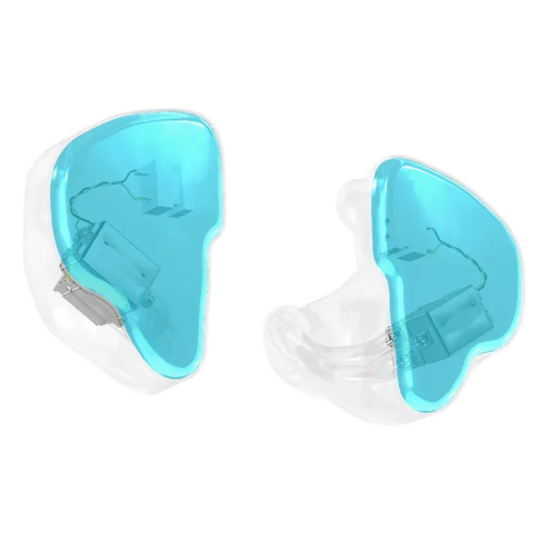A pair of custom-molded, transparent in-ear monitors with bright teal faceplates against a white background.