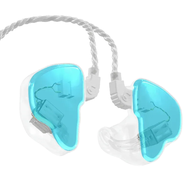 A pair of clear, custom-molded in-ear monitors with translucent light blue faceplates and attached white audio cables.