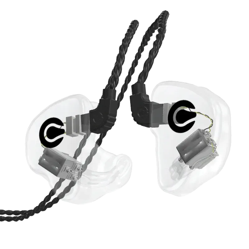 A pair of clear, custom-molded in-ear monitors with visible internal drivers and black braided cables.