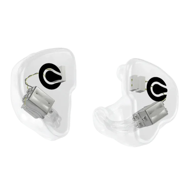 A pair of clear, custom-molded in-ear monitors with visible internal drivers and a black logo on each earpiece.