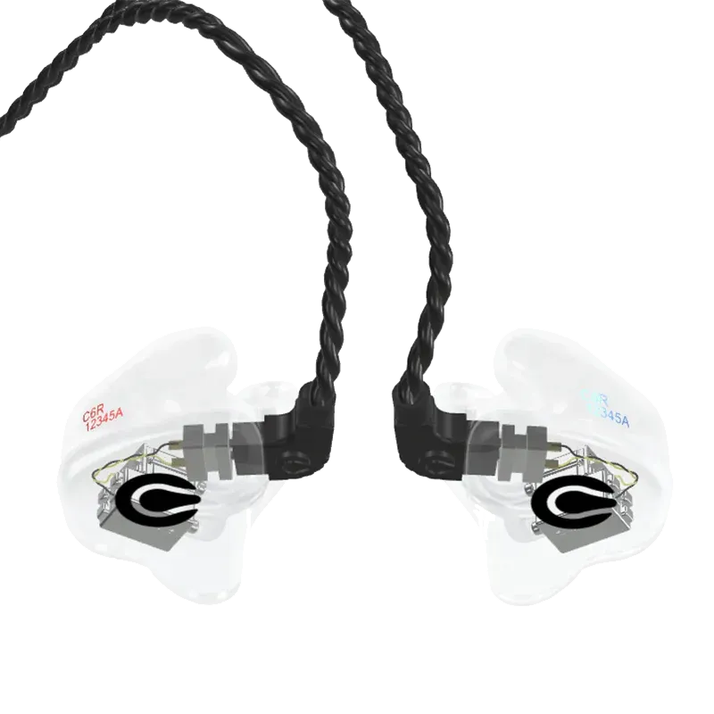 Clear custom-molded in-ear monitors with black cables, visible internal components, and black circular logos.