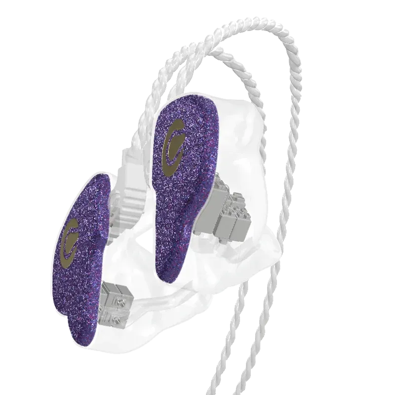 A pair of custom-molded purple glitter earplugs with transparent bodies and attached white cords against a white background.
