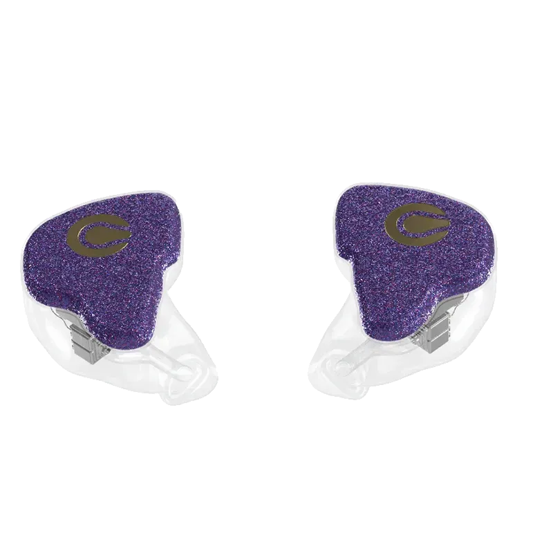 A pair of in-ear monitors with glittery purple faceplates and clear, contoured ear shells, positioned side by side.