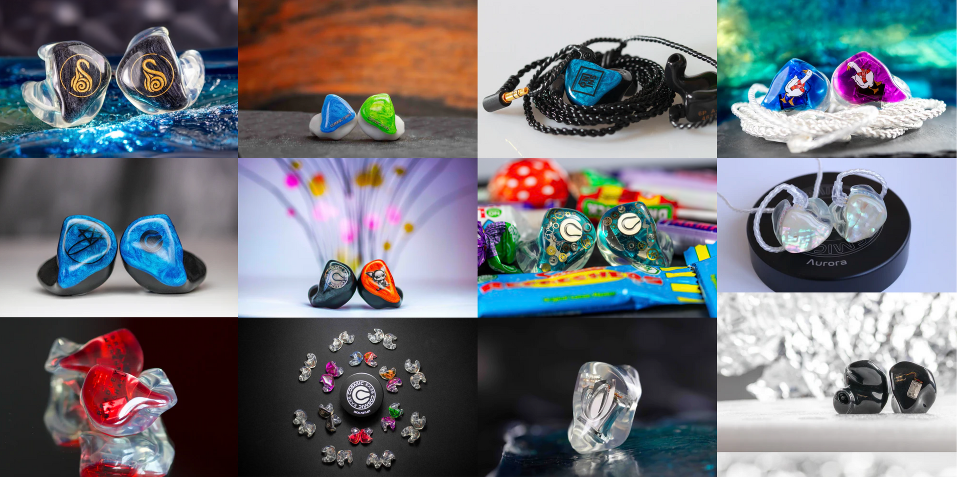 A grid of twelve close-up photos showcasing various custom-molded in-ear monitors in diverse colors and finishes.