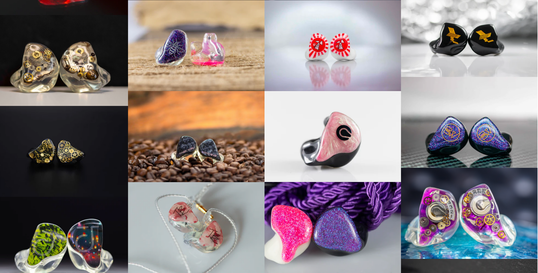 A collage featuring various colorful, uniquely designed in-ear monitor headphones set against different backgrounds.