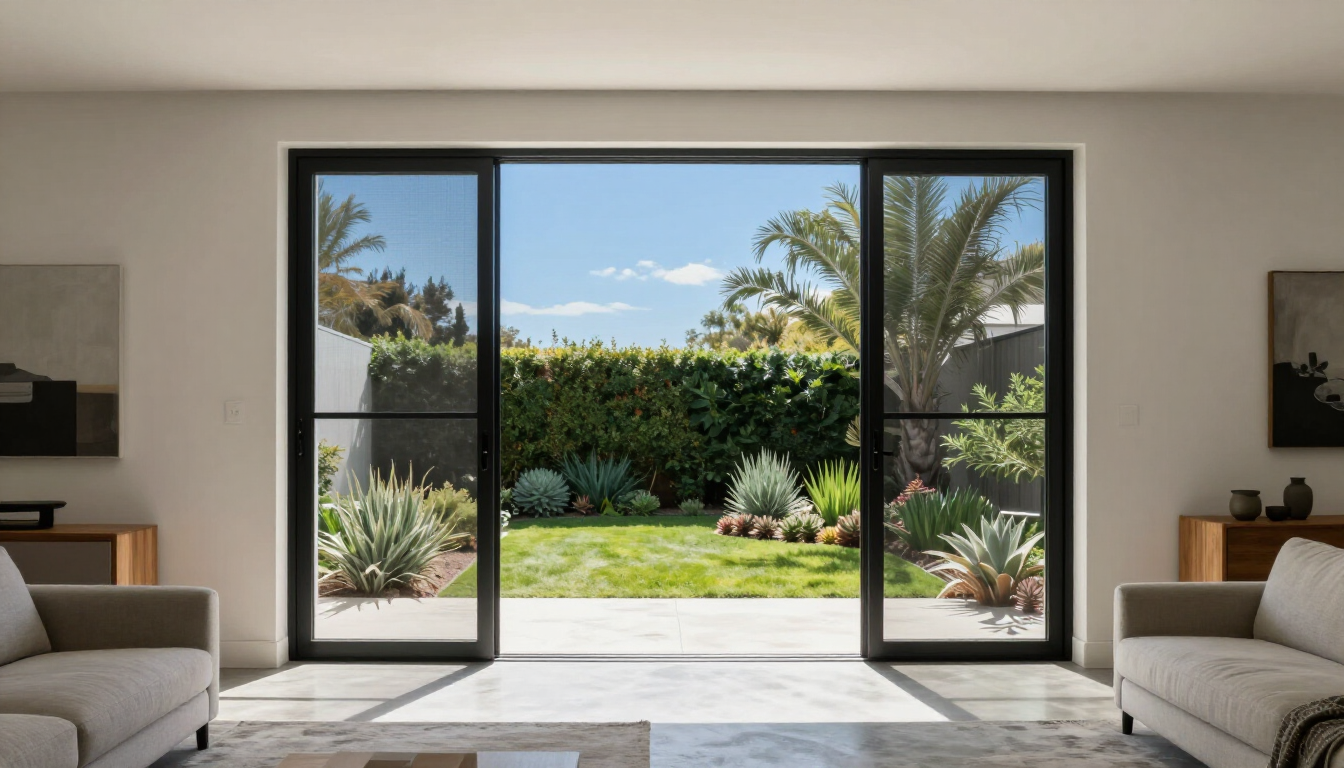 A luxury Los Angeles home featuring a sleek retractable screen door that blends seamlessly with the architecture.