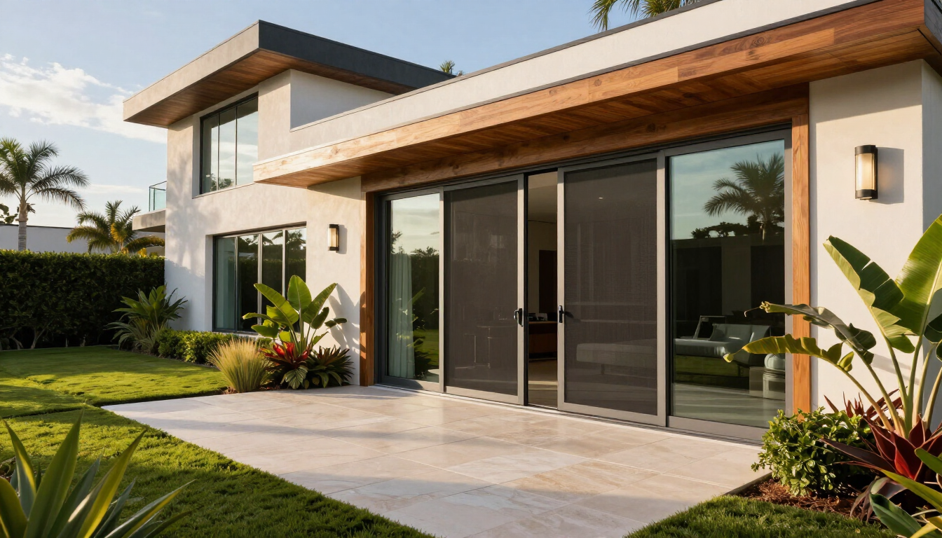 Custom retractable screen door housing installed on a French door patio in a Bel Air luxury home.