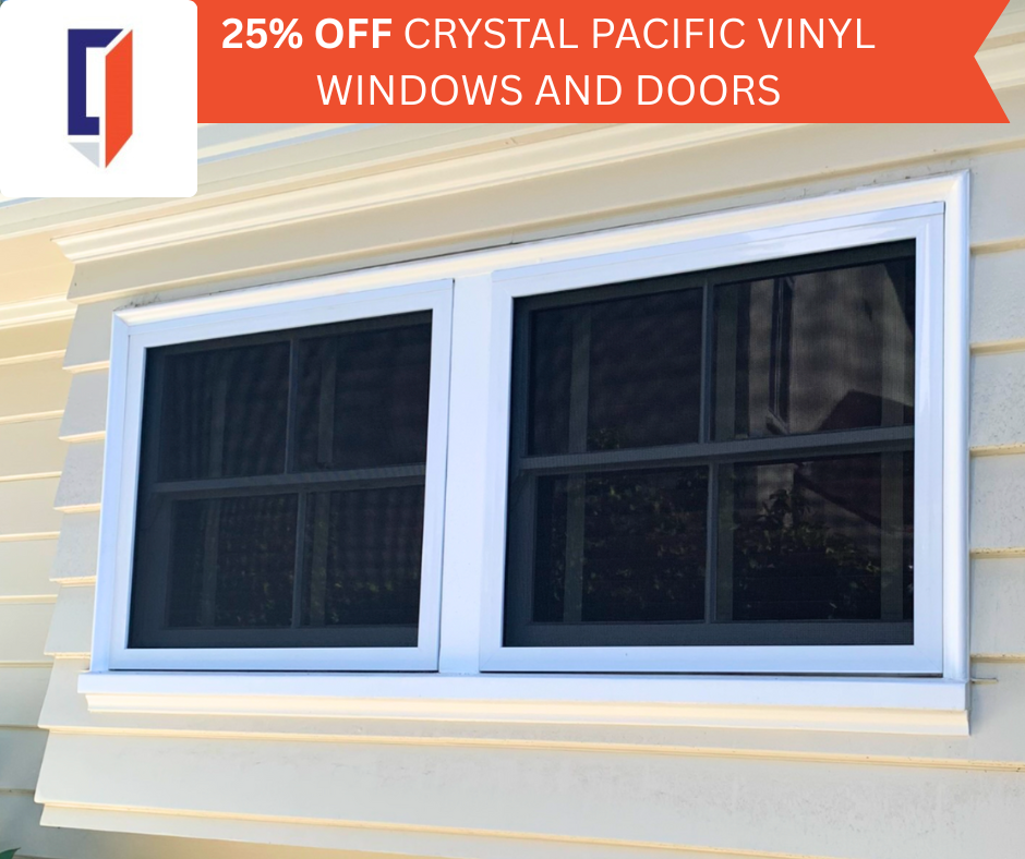 White-framed windows with black screens, set in light yellow siding. 25% off Crystal Pacific vinyl windows.