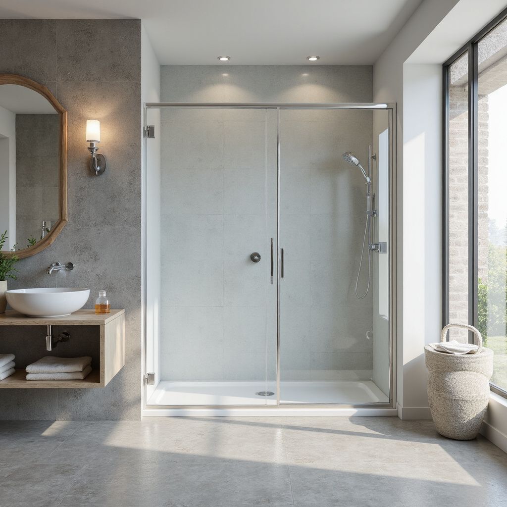 Modern bathroom with a glass shower, vanity with round mirror, and a large window.