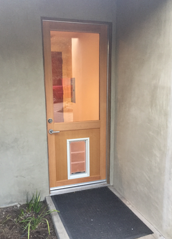 Wooden door with glass panel, a pet door, and a dark doormat against a stucco wall.