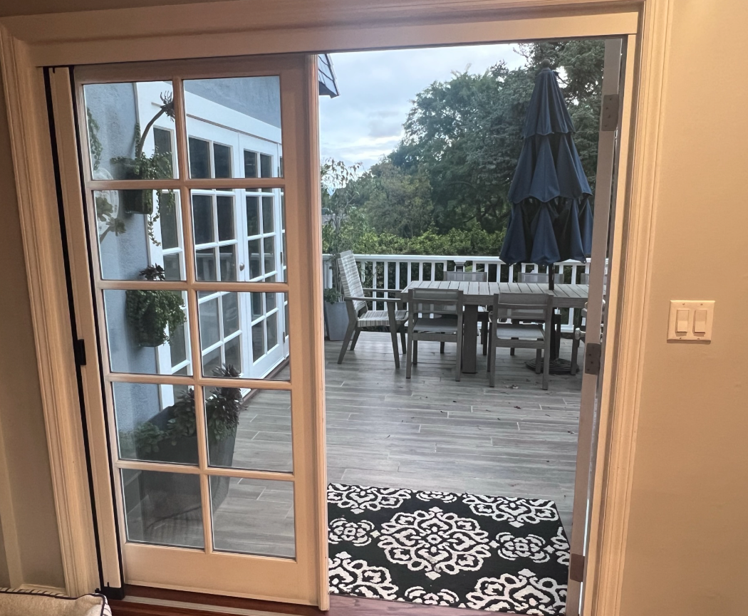 Sliding glass door opens to a wooden deck with a table, chairs, and an umbrella. A black and white rug is visible.