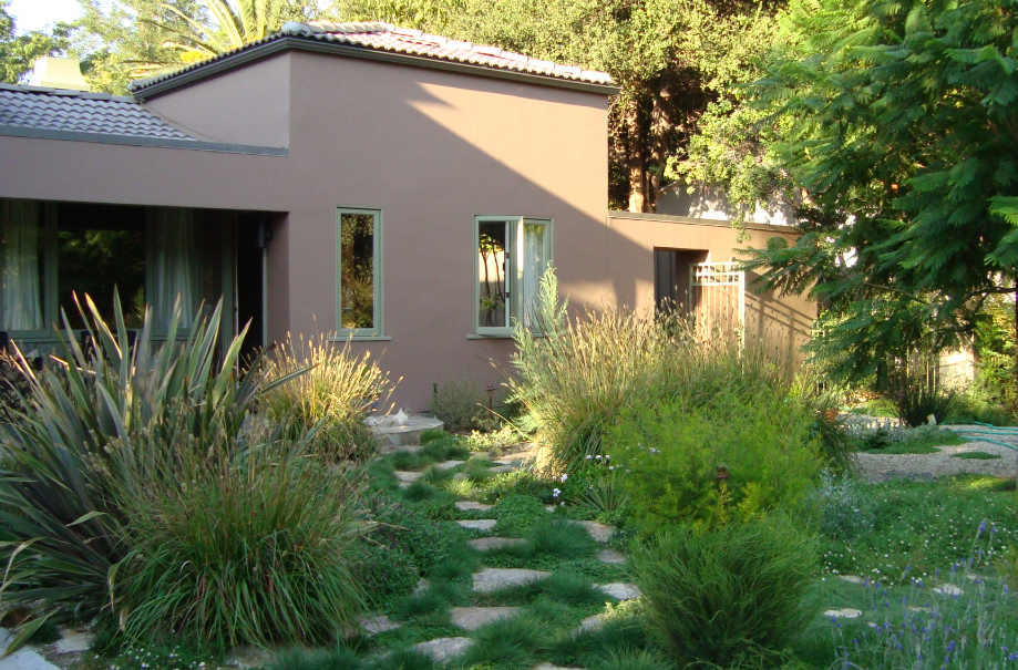 House with brown facade, stone pathway through garden with green plants and bushes.