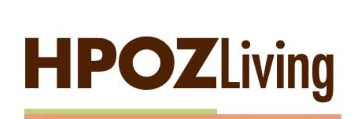 HPOZLiving logo in brown font with an orange and green bar below.