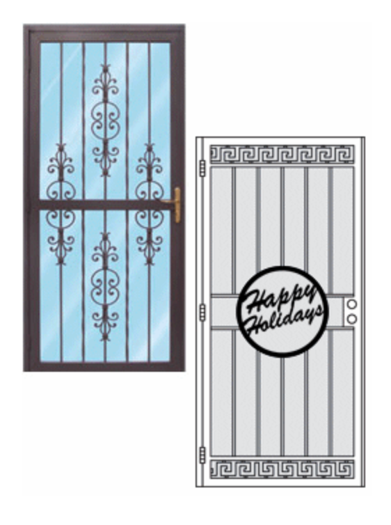 Two security doors: One brown with ornate ironwork, the other gray with vertical bars and a "Happy Holidays" circle.
