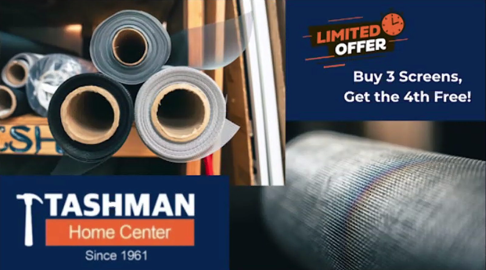 Tashman Home Center ad with rolled flooring, “Limited Offer: Buy 3 Screens, Get the 4th Free!”