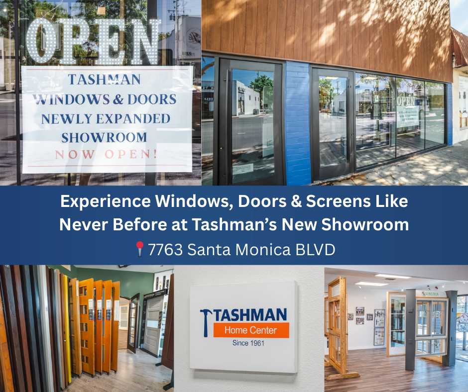 Advertisement for Tashman's Home Center: New showroom with windows & doors, open sign, colorful displays.