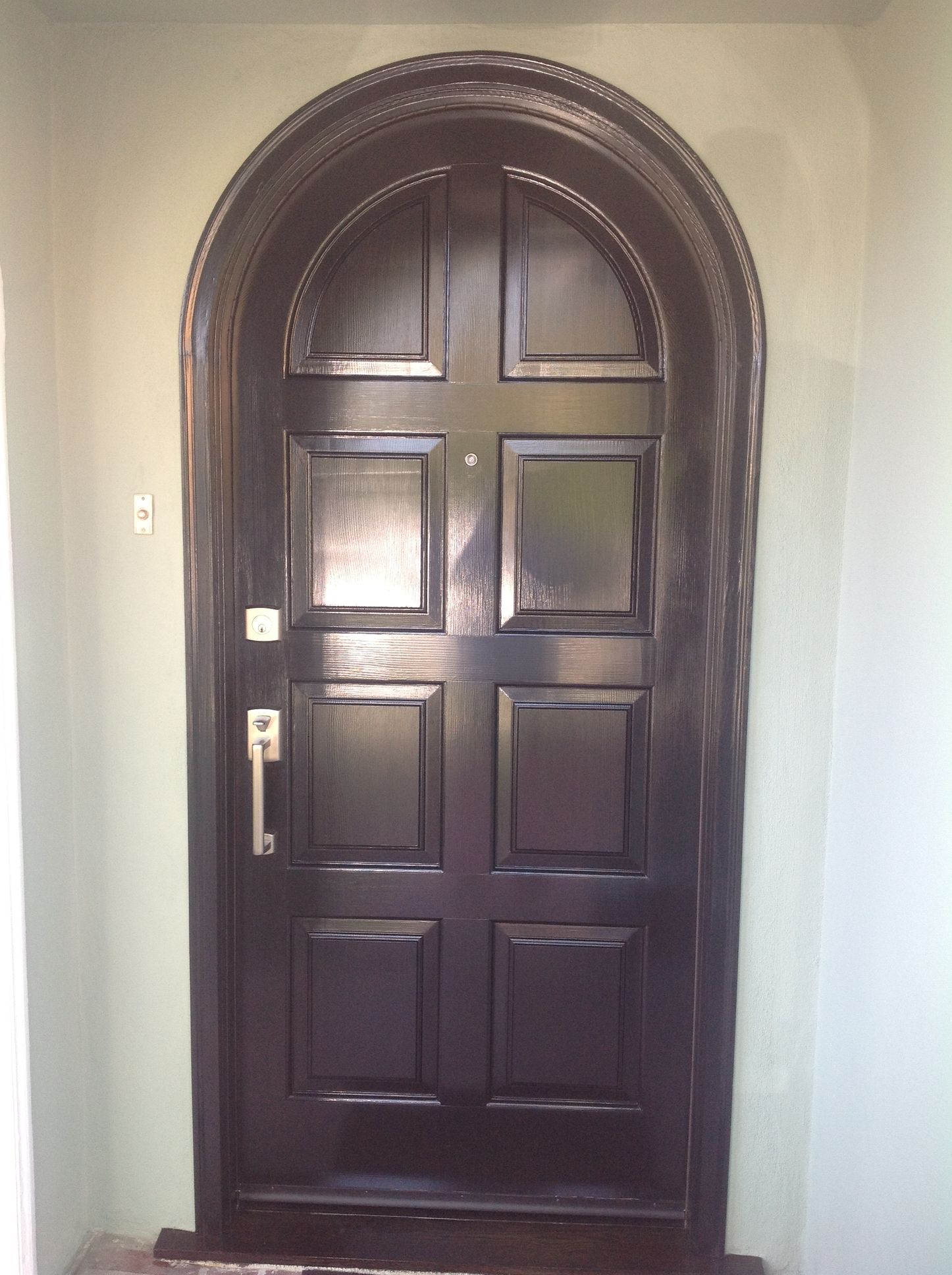 Black arched front door with panel design, silver hardware, set in a green wall.