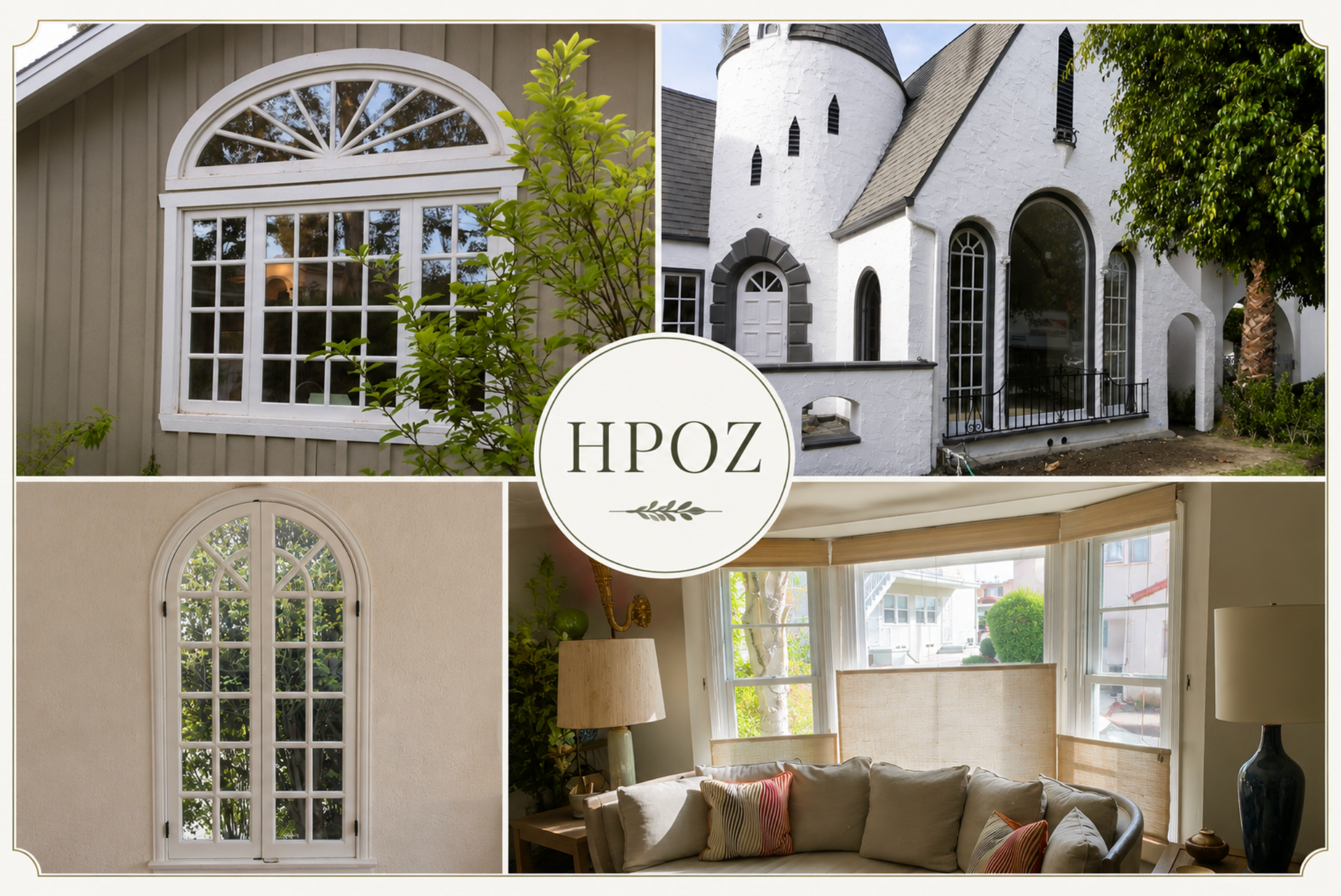 Collage of white arched windows and a bright living room, with “IIPOZ” logo centered
