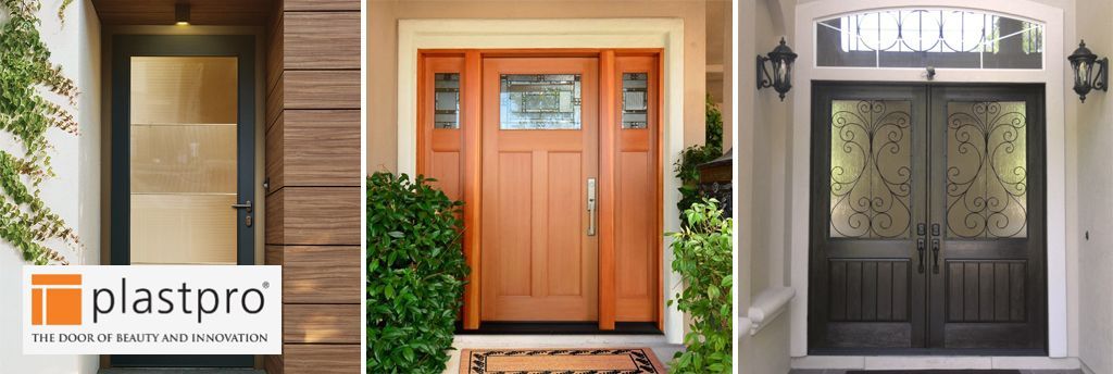 Three different front doors: modern glass, wooden, and ornate double doors.