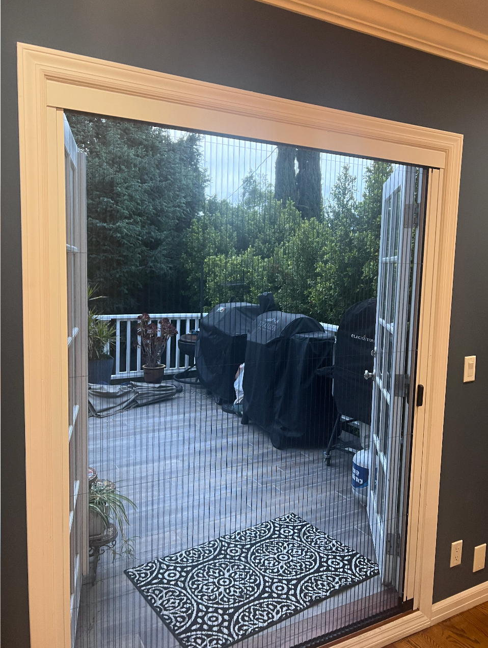 A view from a doorway looking onto a wooden deck with a patterned rug and covered grill, seen through a screen door.