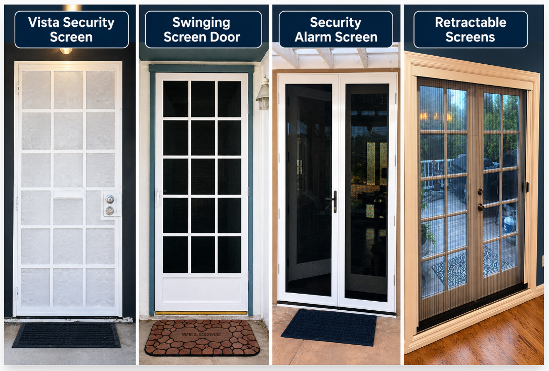 Four types of screened doors and windows: security screen, swinging door, alarm screen, and retractable screens.
