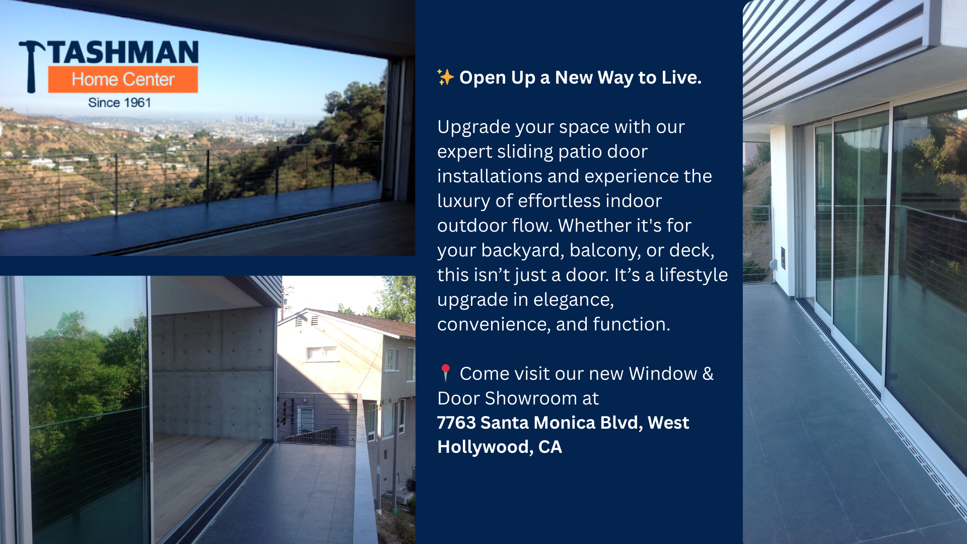 Tashman Home Center ad: Sliding patio door installations. Views of a home and the Hollywood Hills.