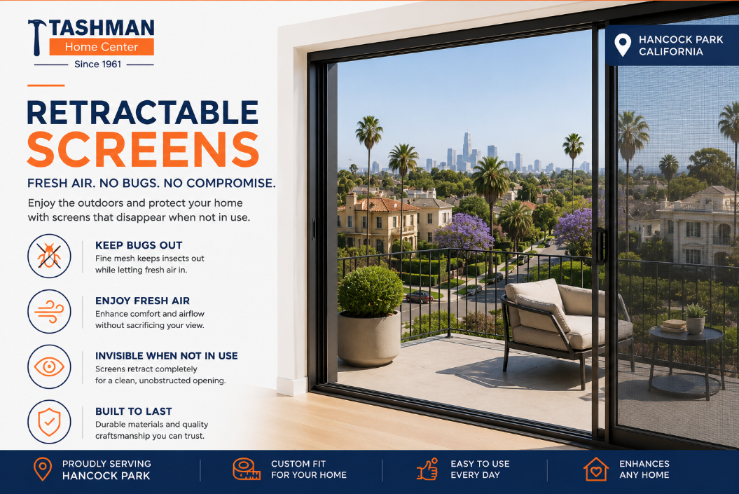 Advertisement for retractable screens with patio view and city skyline