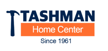 Logo of Tashman Home Center with a hammer icon, orange bar, and 