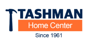 Logo of Tashman Home Center with a hammer icon, orange bar, and 