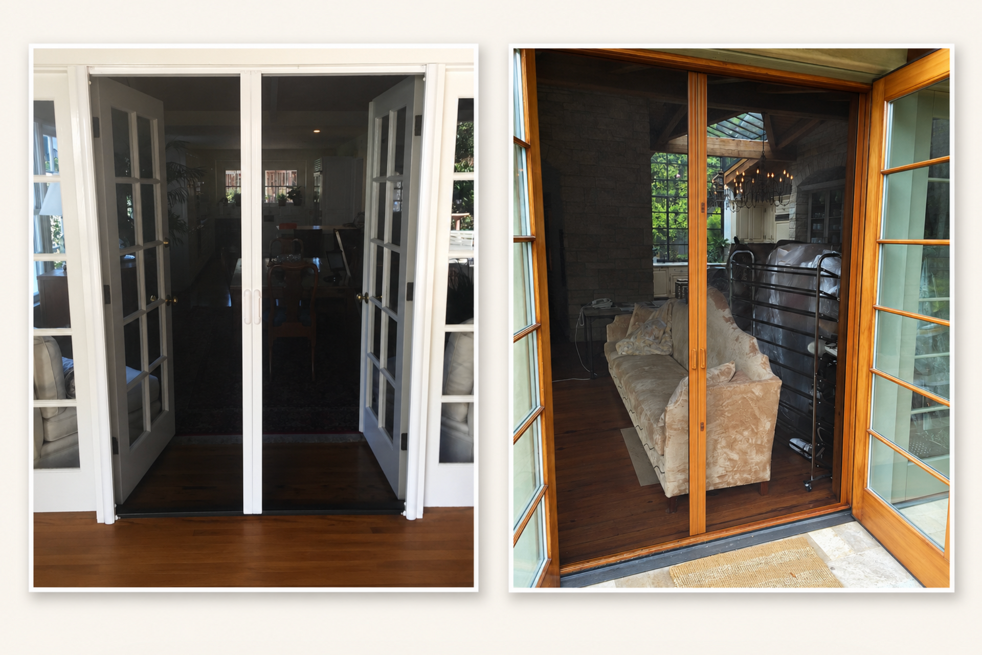 Retractable screen door installed on French doors and a sliding glass door in a Bel Air luxury home