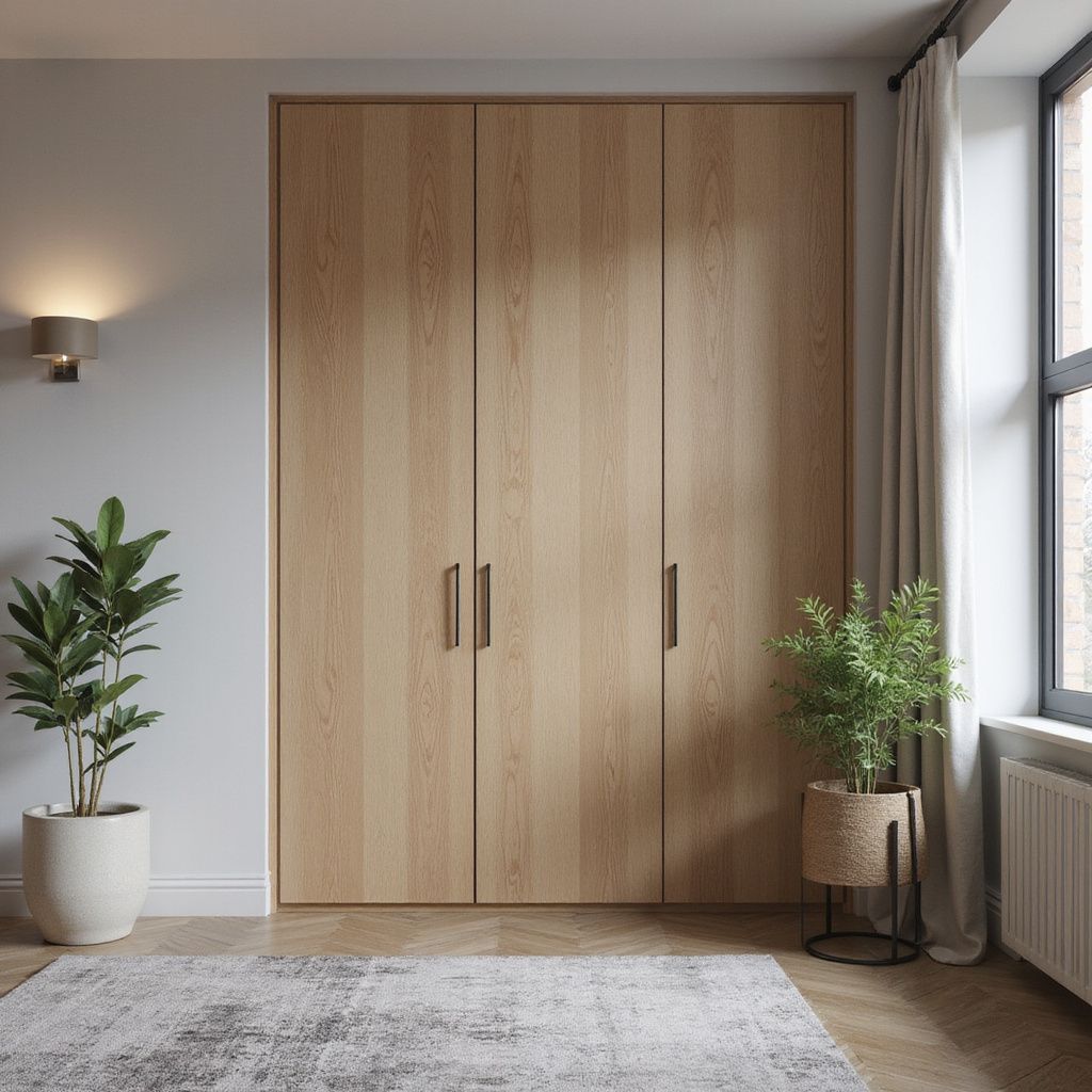 Four-door light wood wardrobe in a room with plants, rug, window with curtains, and wall sconce.