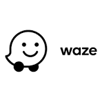 Waze app logo: A smiling ghost-like figure with two wheels next to the word 