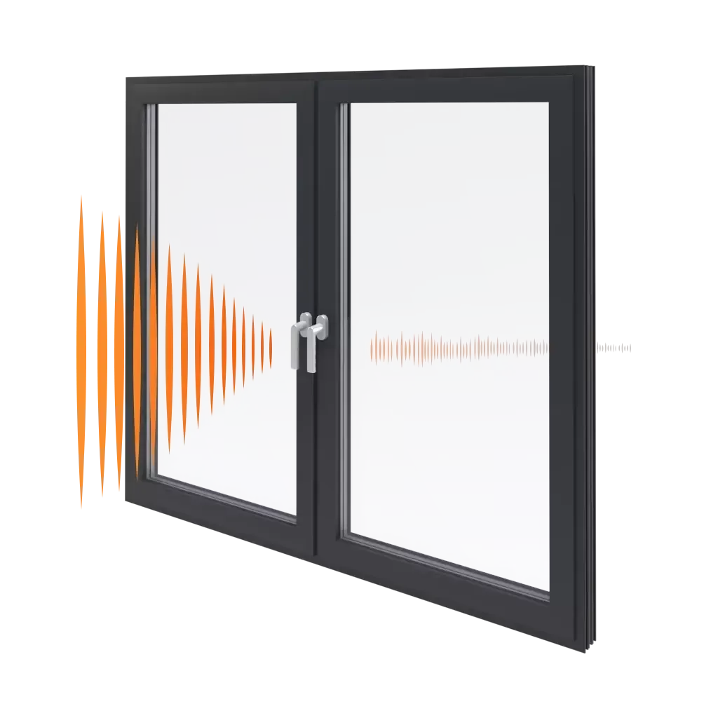 Black double-pane window with orange sound waves indicating noise reduction.