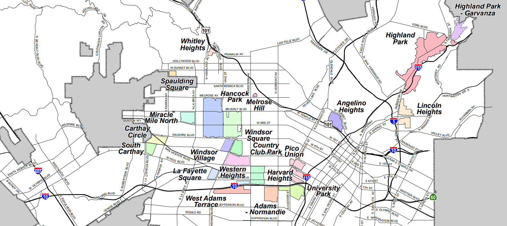 Los Angeles HPOZ Zoning Map with colored sections, roads, and labeled areas.