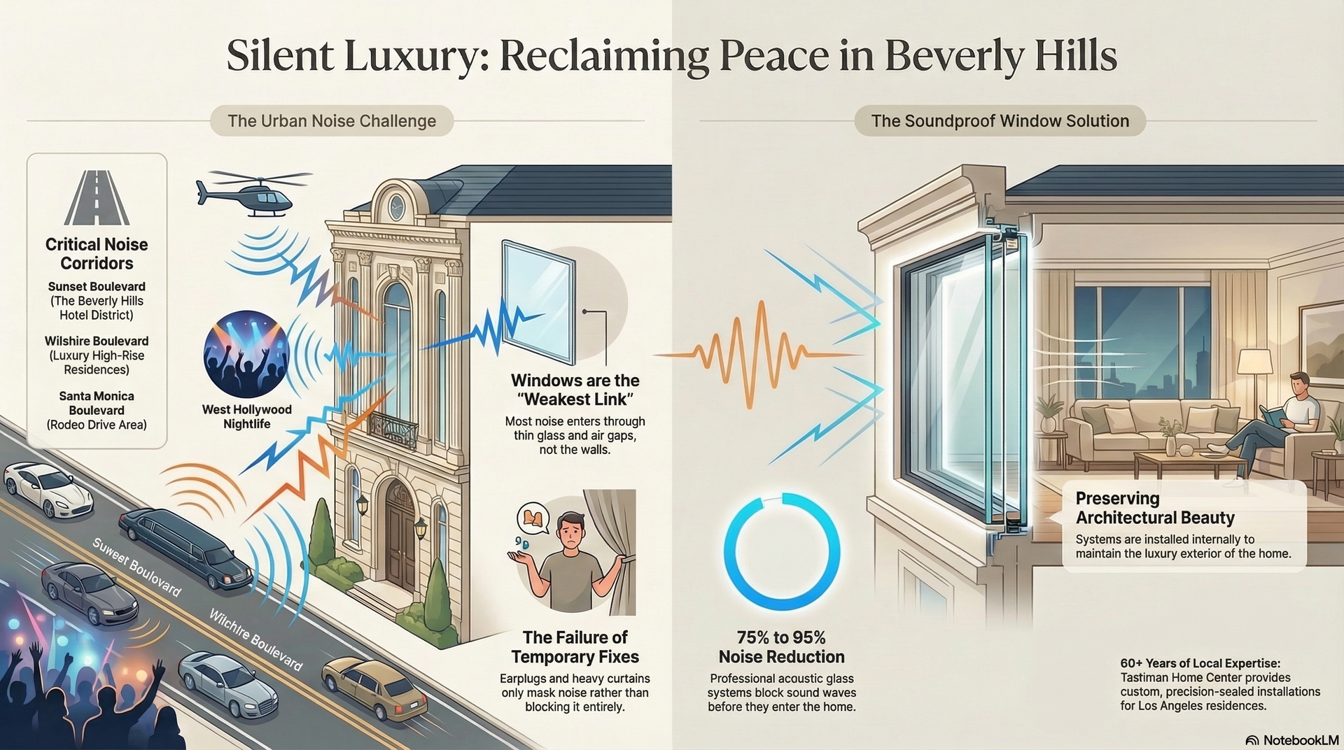 Diagram:  Luxury home in Beverly Hills. Left: Noise pollution. Right: Soundproof windows creating calm interior.