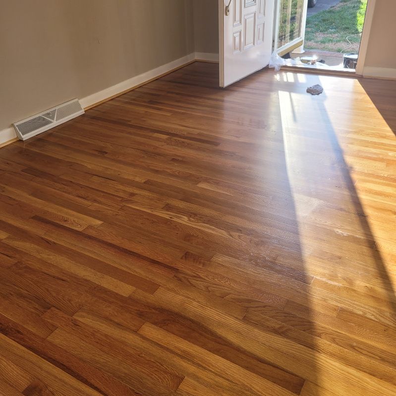 Hardwood floor with open door, light, and a glimpse of green outside.