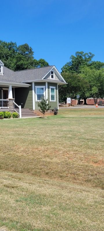 Green house with gray roof on a sunny day.
