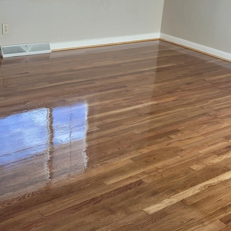 Shiny, refinished wooden floor reflecting a window with a blue sky.