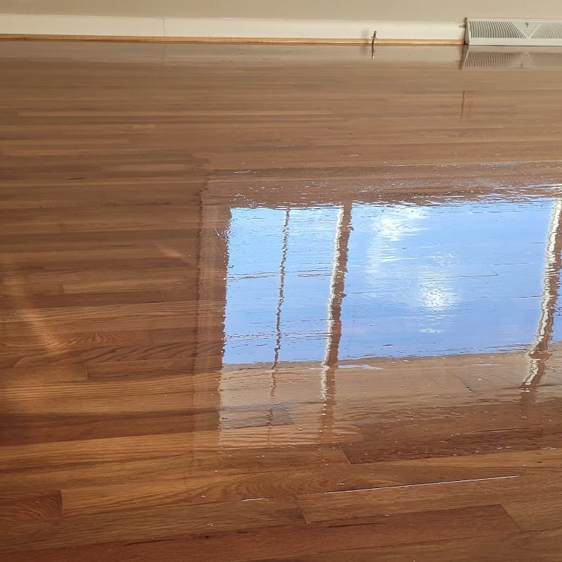 Wooden floor reflecting a window with a blue sky and white clouds.