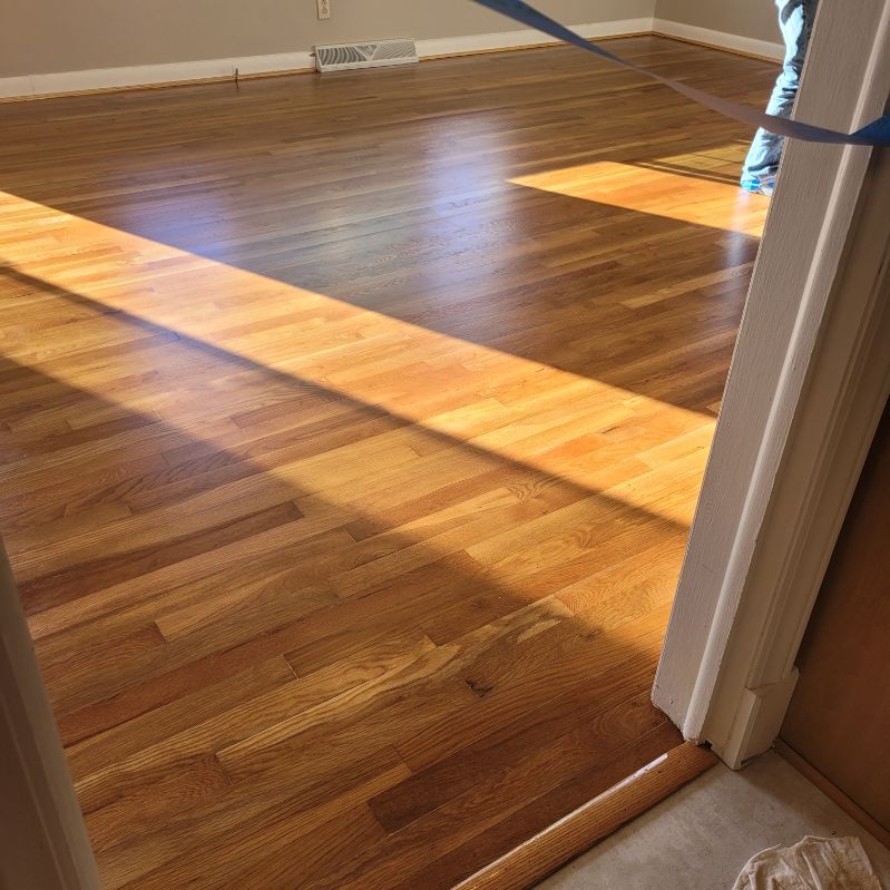 Refinished hardwood floor with sunlight streaming across it.