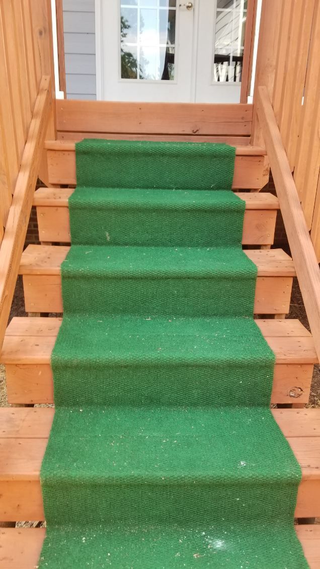 Wooden outdoor stairs covered with green carpet, leading up to a white door.