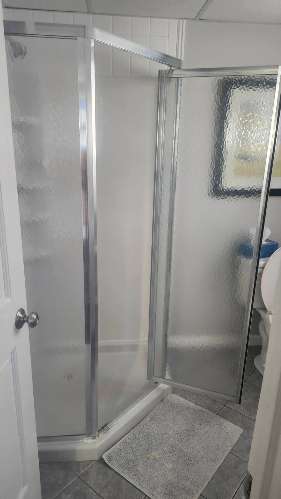 A small bathroom with a frosted glass shower, a gray rug, and a toilet.