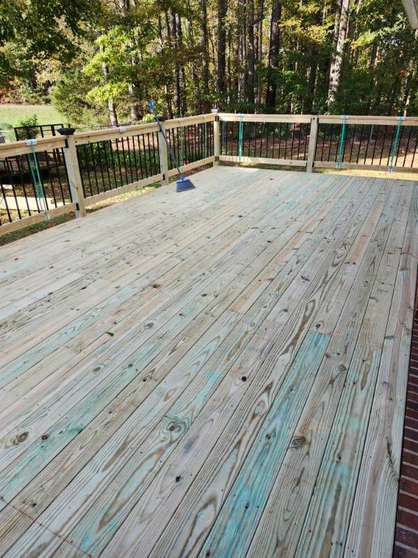 Wooden deck with black railing and green accents; trees in the background.